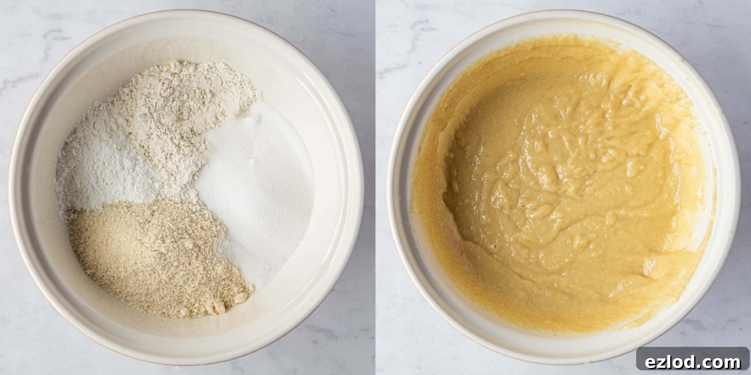 A two-image collage illustrating the process of making frangipane: dry ingredients mixed in a bowl, followed by the addition of wet ingredients and whisking until smooth.