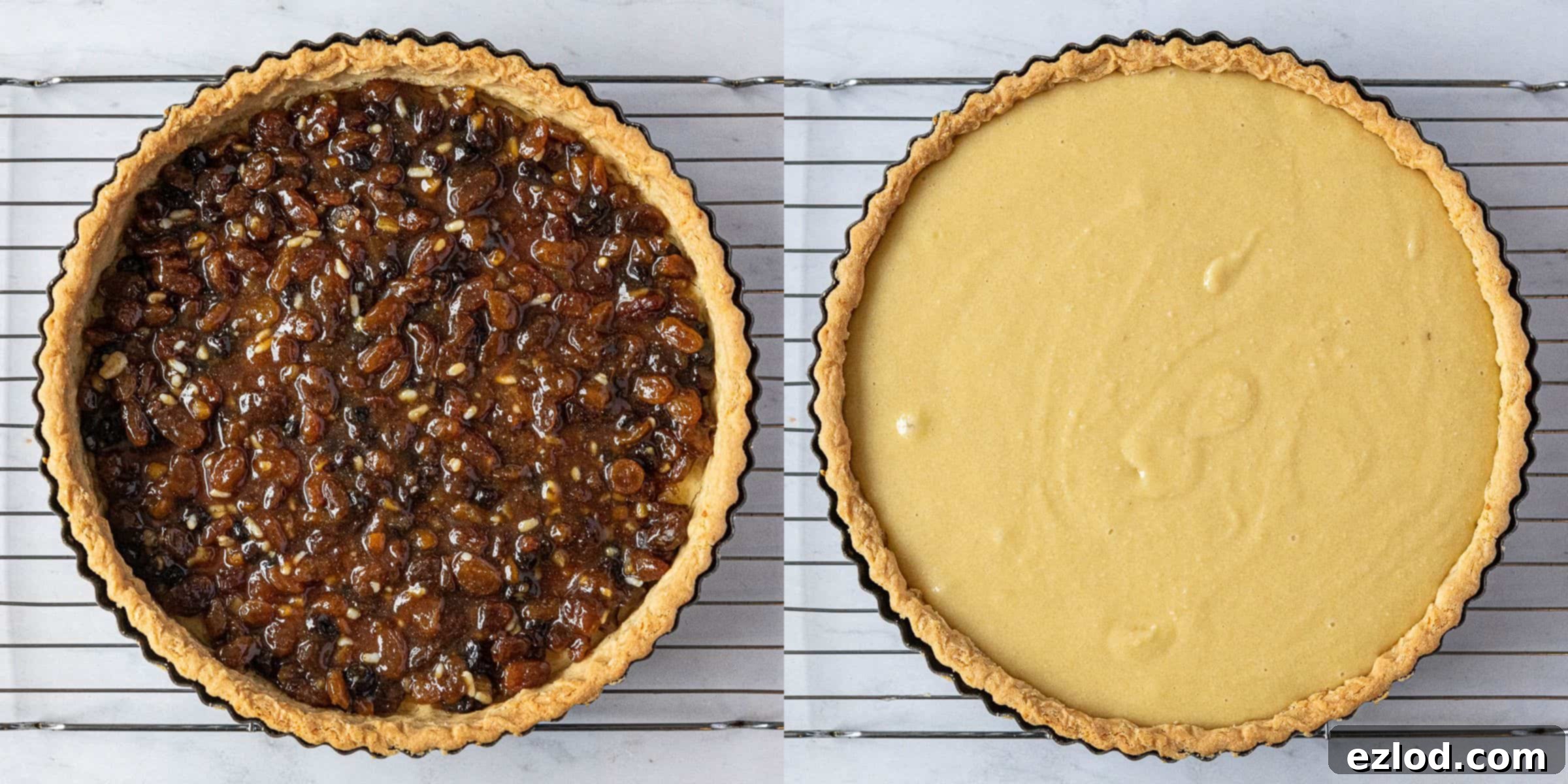A two-image collage demonstrating how to assemble the tart: first, spreading a layer of mincemeat into the pastry case, then spreading the frangipane mixture over the mincemeat layer.