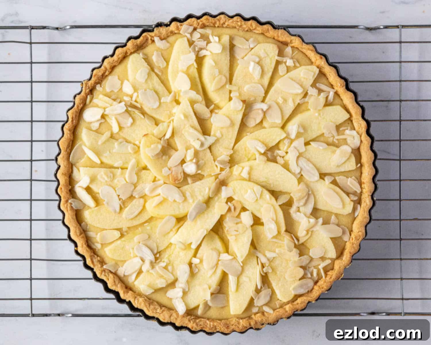 A single image showing the assembled vegan mincemeat frangipane tart before baking, with apple slices and flaked almonds arranged on top of the frangipane.
