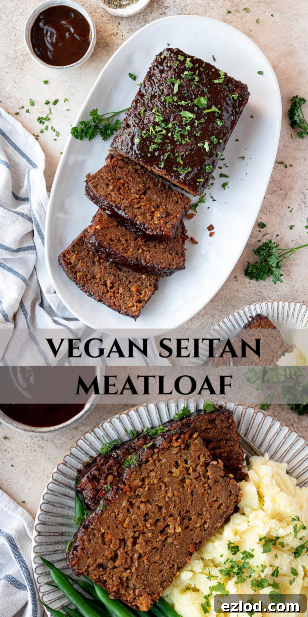A collage image showcasing the vegan seitan meatloaf, perfect for Pinterest sharing.