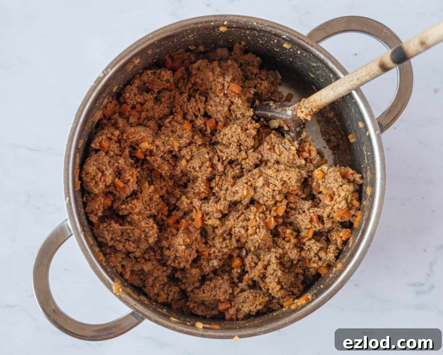 Step 4: The finished, mixed vegan seitan meatloaf mixture in a bowl, ready for the loaf tin.