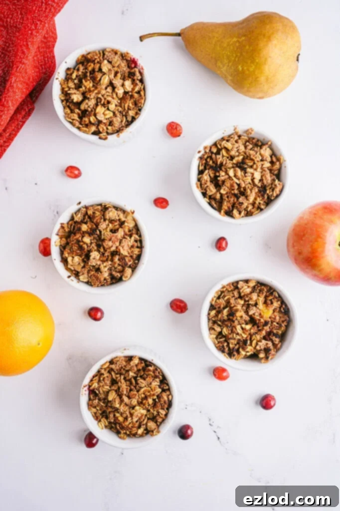 Overhead shot of four white ramekins with pear apple cranberry crisp topped with oats and with fresh cranberries and apples scattered around the table.