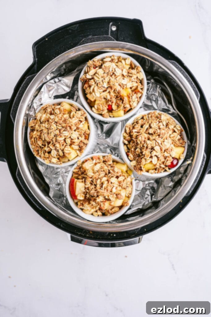 Overhead shot of four white ramekins with pear apple cranberry crisp topped with oats in an Instant Pot.