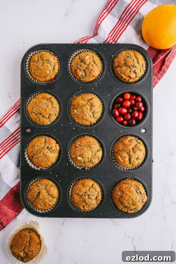 Overhead shot of a muffin tin of Cranberry Orange Muffins. One of the muffins is replaced with fresh cranberries. 