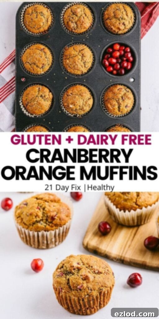 Pinterest image with text overlay gluten and fairy free cranberry orange muffins 