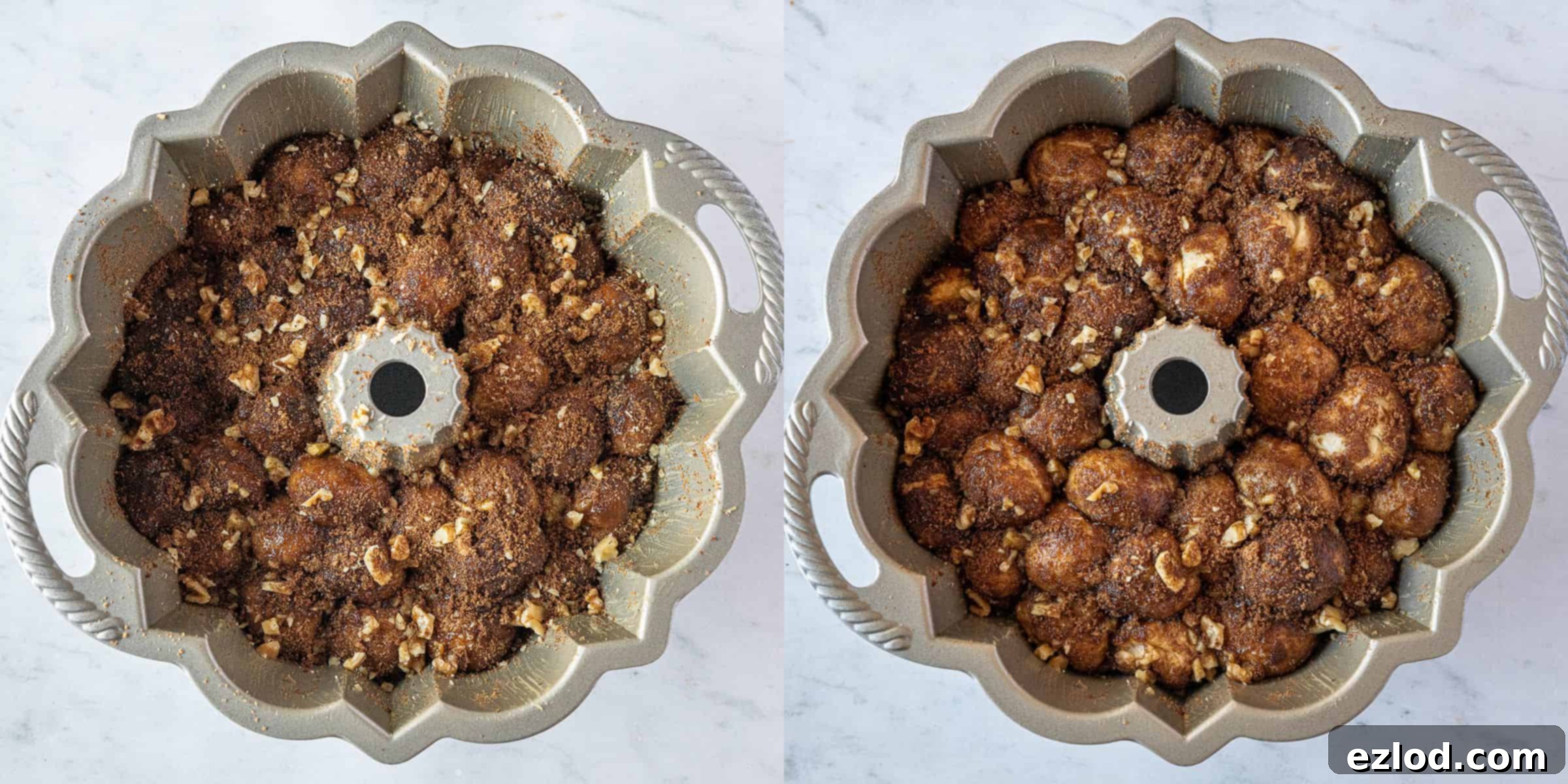 Step 9, a two-image collage showing the monkey bread in the tin before and after its second rise.