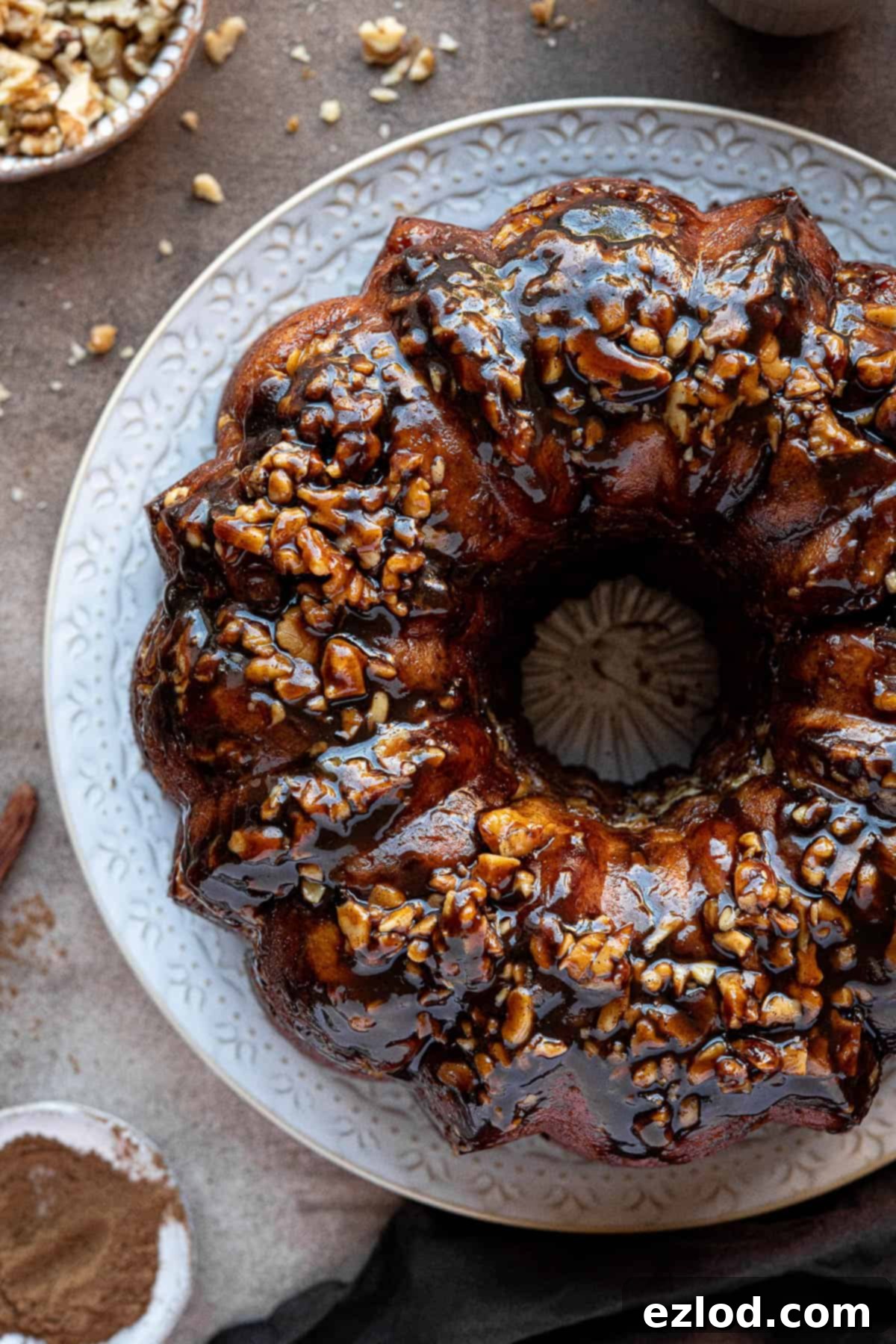 Close up of vegan banana monkey bread, showing its sticky, pull-apart pieces.