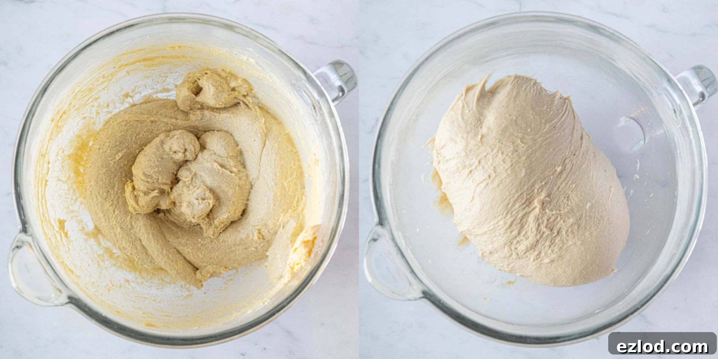 Step 3, a two-image collage showing butter being added to the dough and then fully incorporated.