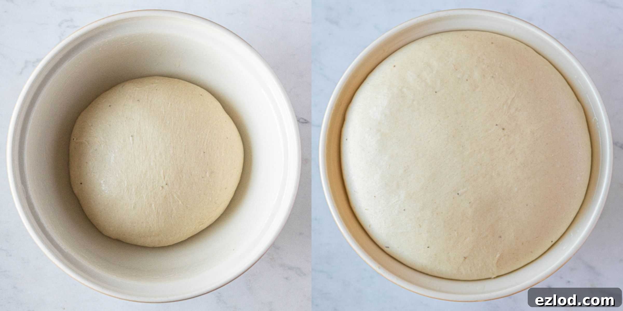 Step 5, a two-image collage showing the dough before and after its first rise.