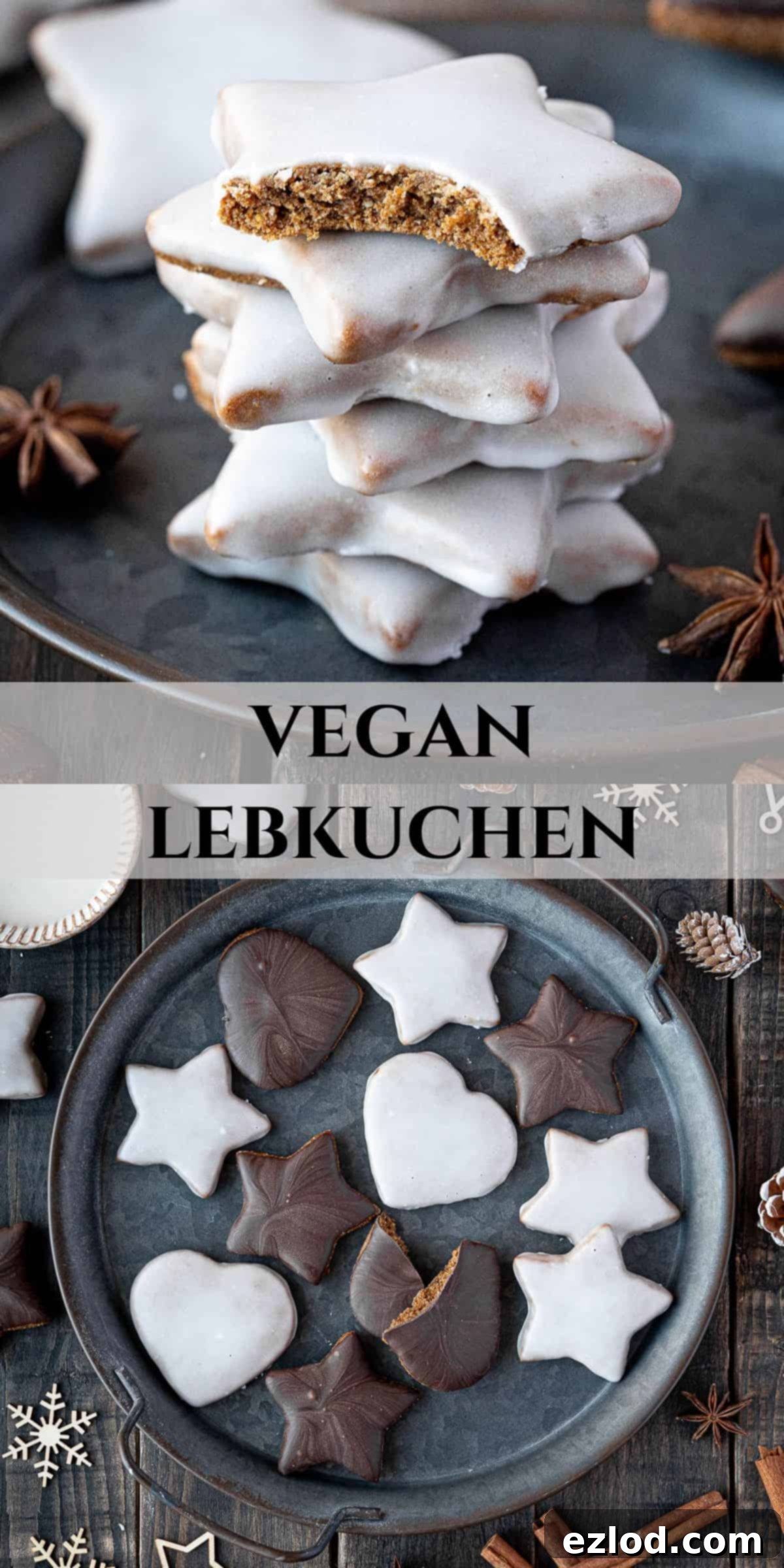 Pinterest collage image featuring various vegan Lebkuchen designs and close-ups.