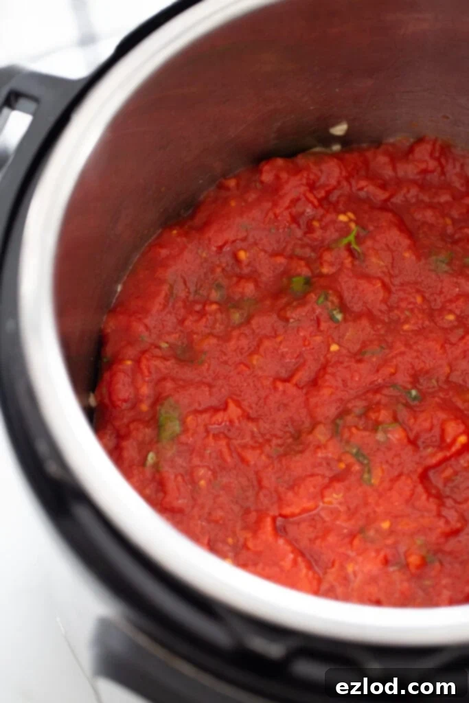 Overhead photo of tomato sauce in an Instant Pot.