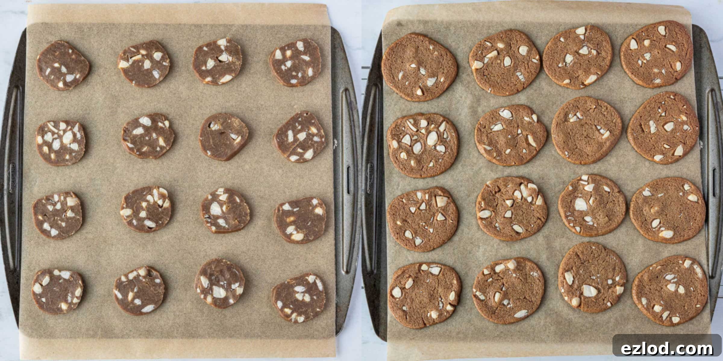 Step 8 in making vegan brunkager: a two-image collage showing the cookie slices before baking and after, perfectly golden and crisp.