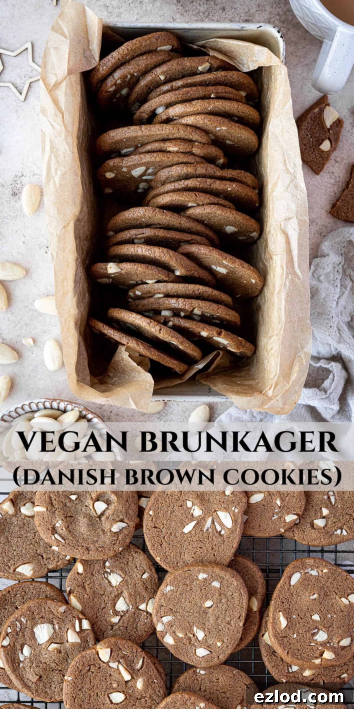 Pinterest collage featuring delicious vegan brunkager, highlighting their crisp texture and festive appeal for holiday baking inspiration.