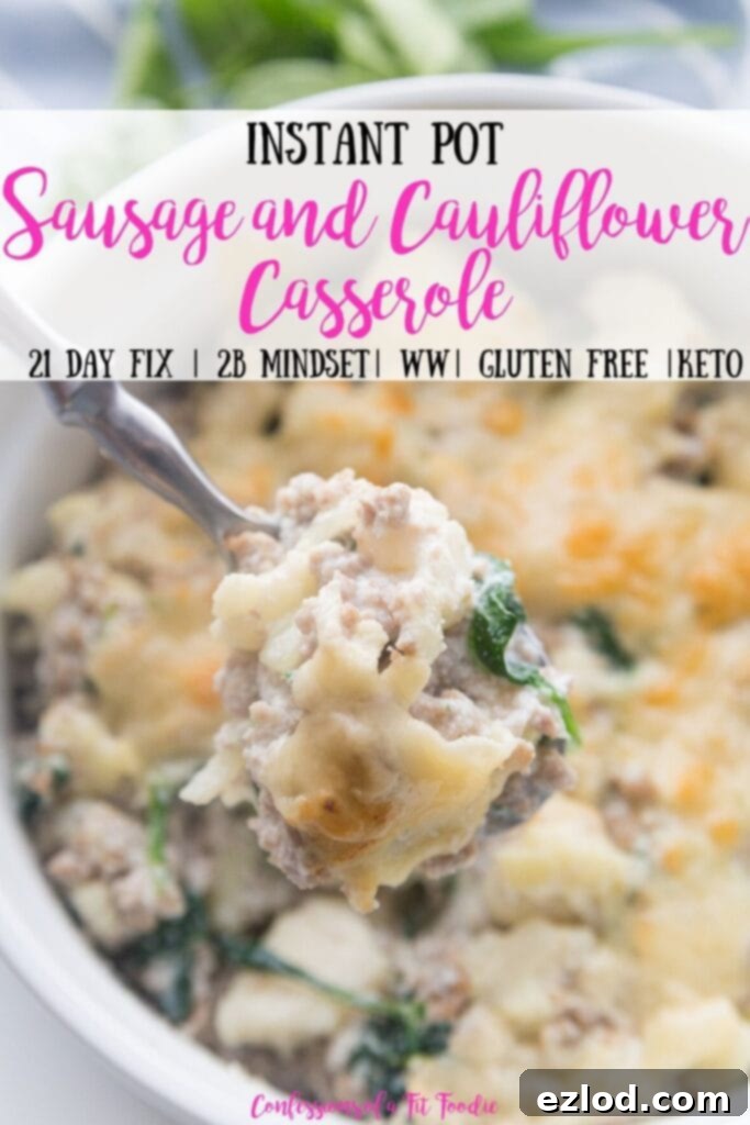 A Pinterest image with text overlay promoting the healthy and delicious Sausage and Cauliflower Casserole recipe.