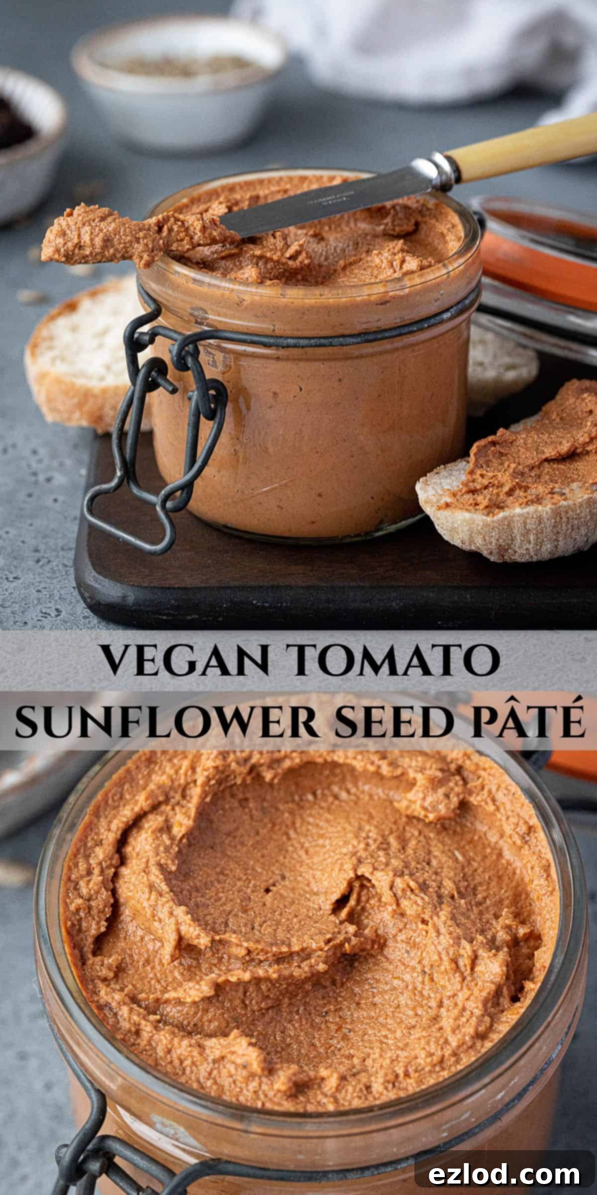 Vegan Tomato Sunflower Spread 10 A Pinterest collage image featuring the finished tomato sunflower seed pâté in a jar, alongside its key ingredients and serving suggestions, optimized for sharing.