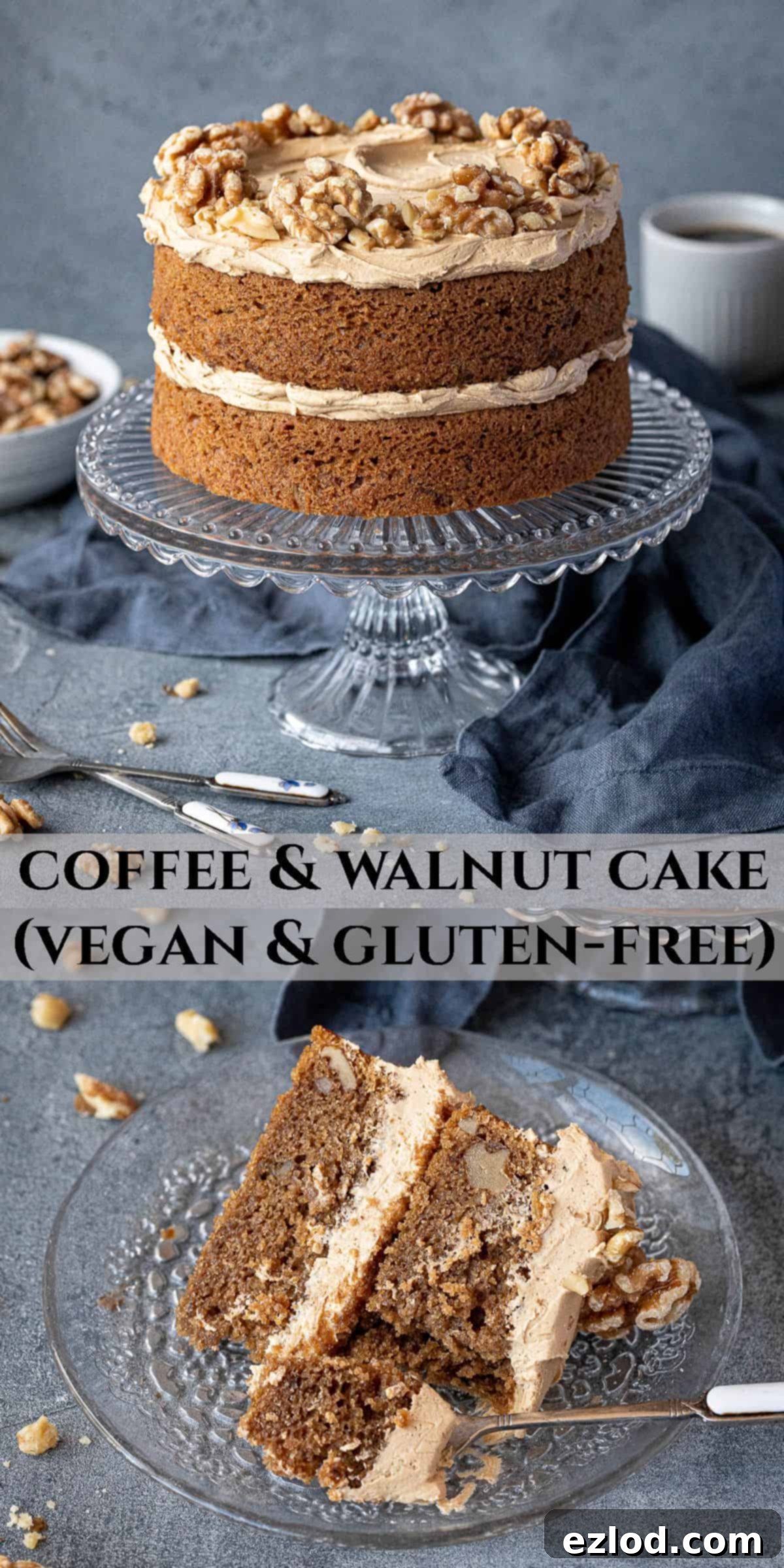 Pinterest collage image showing the finished vegan and gluten-free coffee and walnut cake from different angles and a slice.
