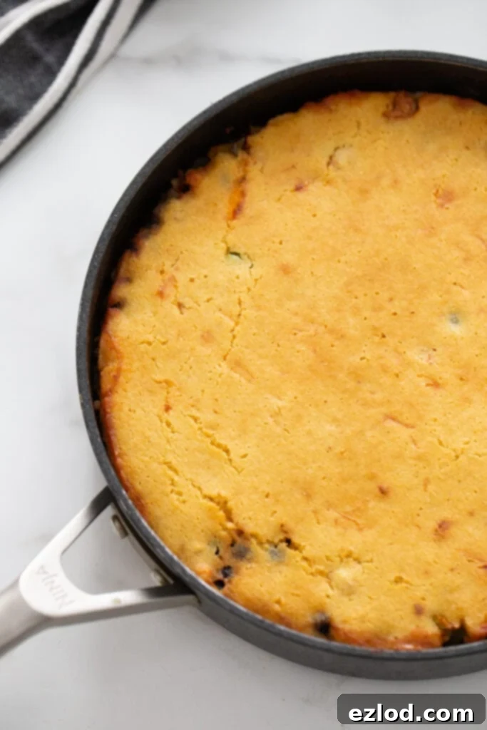 Overhead image: Cornbread skillet straight out of the oven.