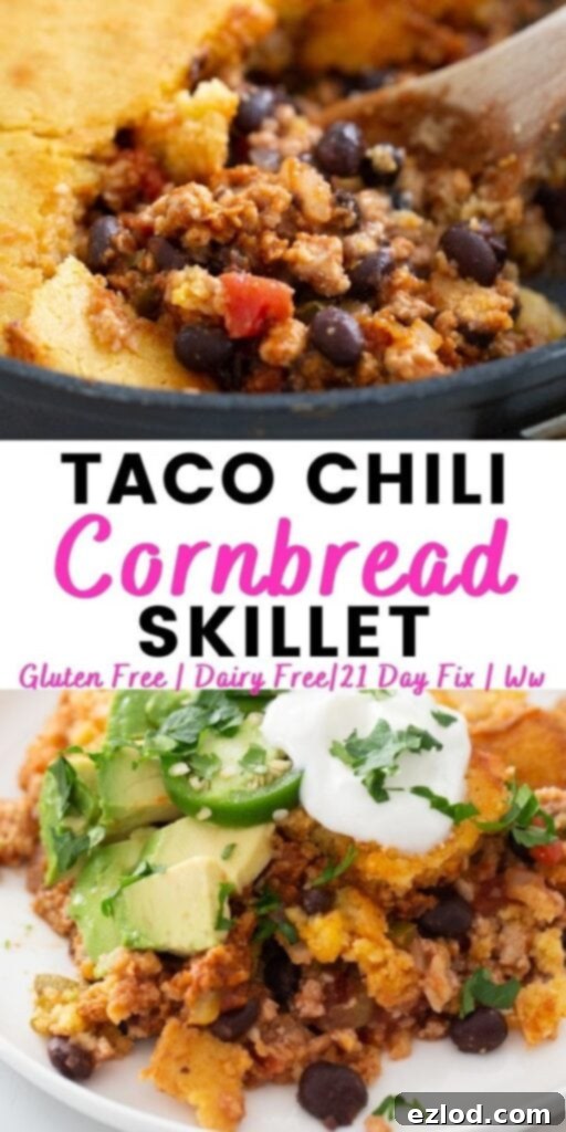 2 photo collage with pink and black text on a white background. Text says. "Taco Chili Cornbread Skillet | Gluten Free | Dairy Free | 21 Day Fix | WW" Top photo: close up of taco filling. Bottom photo: single serving with toppings 