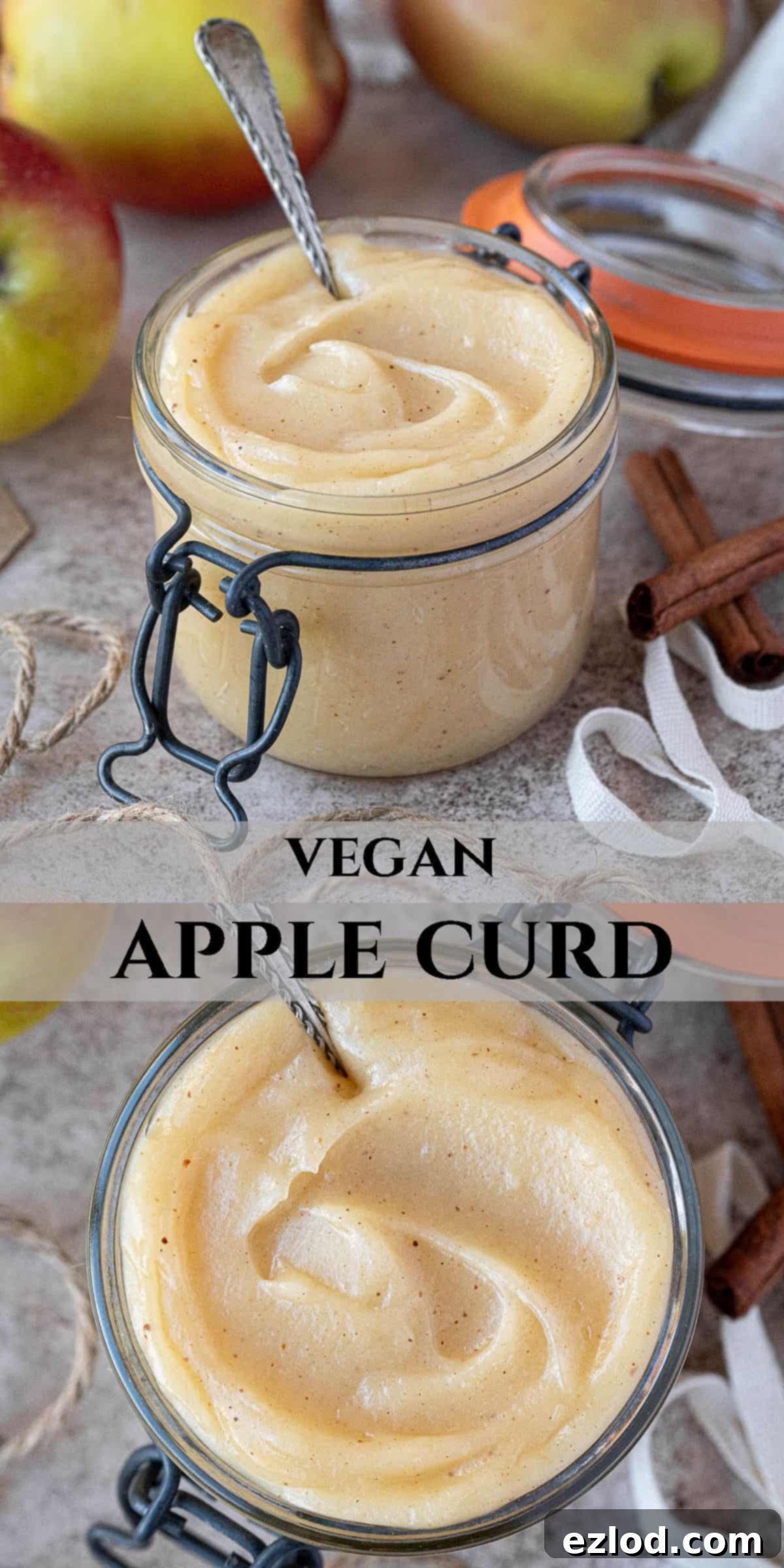 A visually appealing Pinterest collage featuring various shots of delicious homemade vegan apple curd in jars and served.