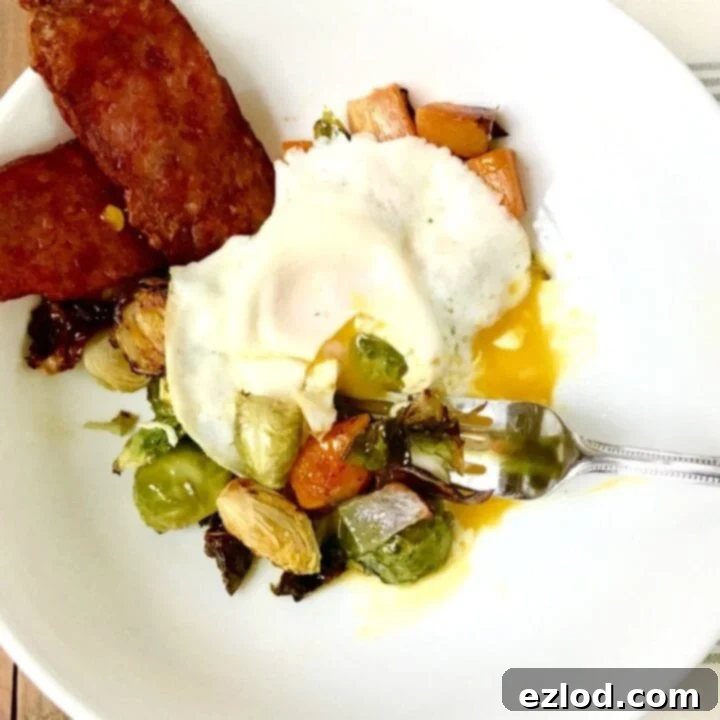 Sheet Pan Breakfast with Sweet Potato, Brussels Sprouts, and Bacon