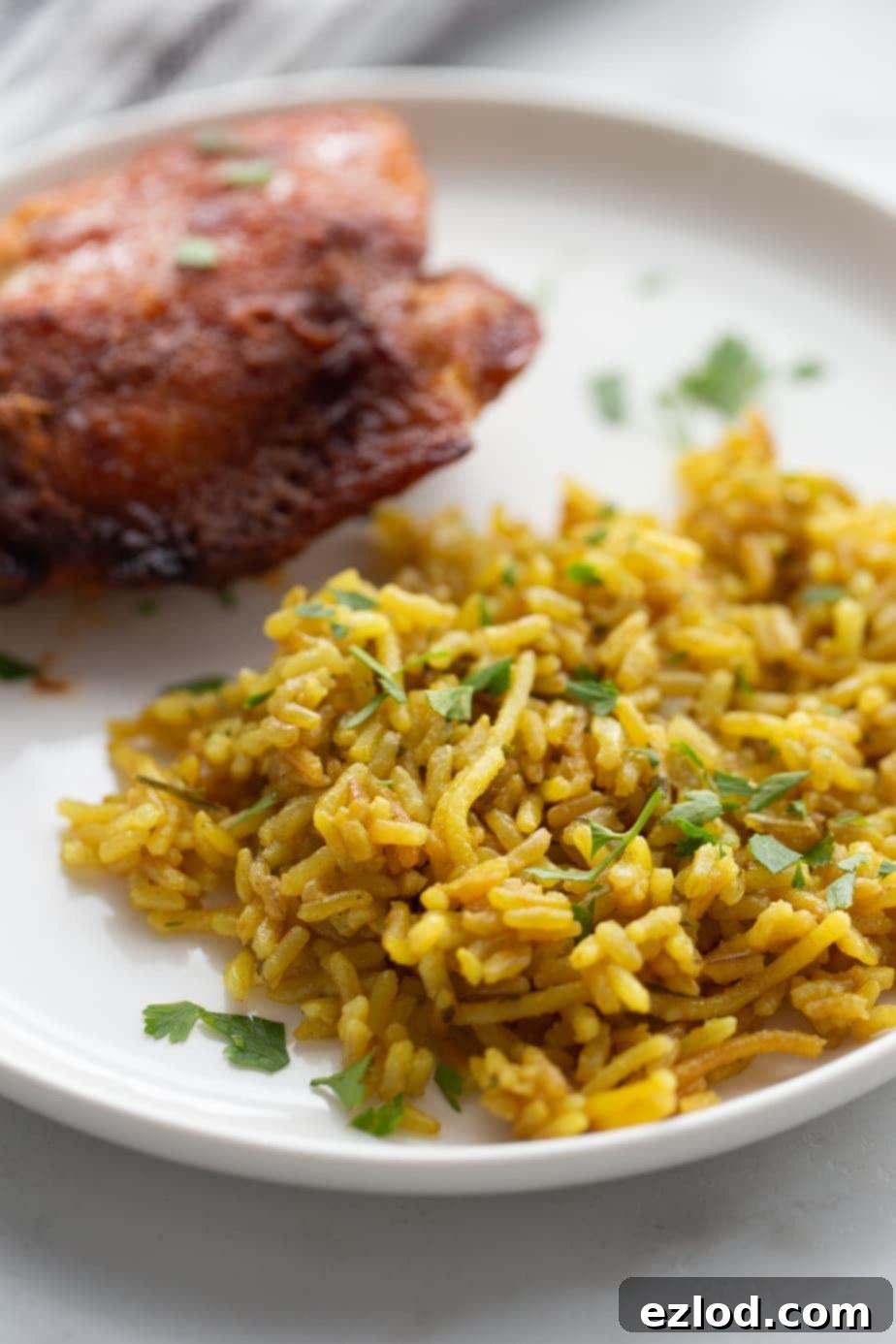 A close up of homemade Instant Pot Rice a Roni on a white plate with spiced rubbed chicken slightly out of focus in the background.