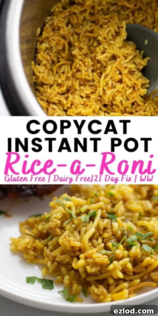 Pinterest image with text overlay: Copycat Rice a Roni in the Instant Pot, healthy, gluten-free.