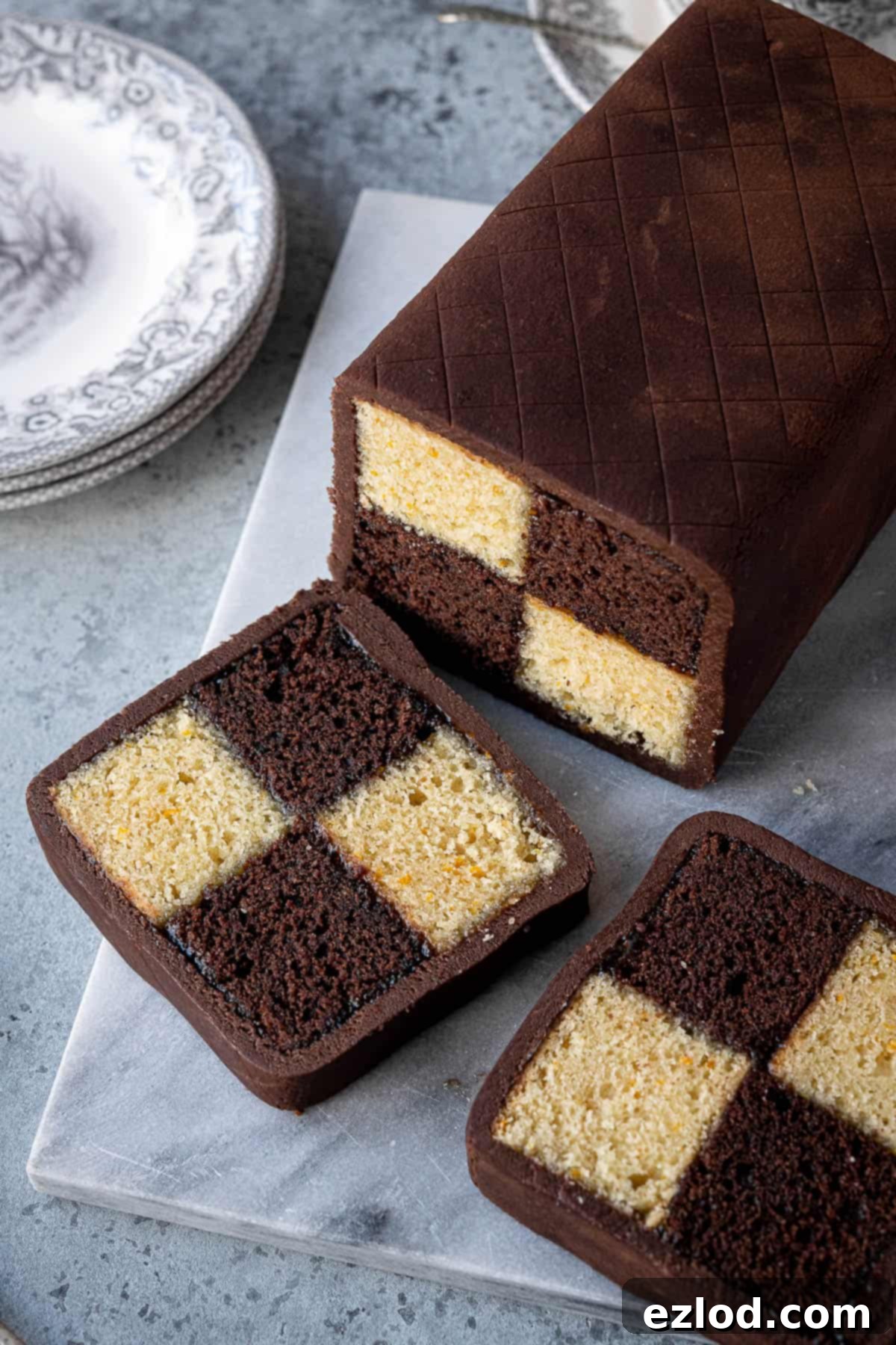 Decadent Vegan Chocolate Orange Battenberg 2 Chocolate orange Battenberg cake on a marble board with two slices cut, showcasing the checkerboard pattern.