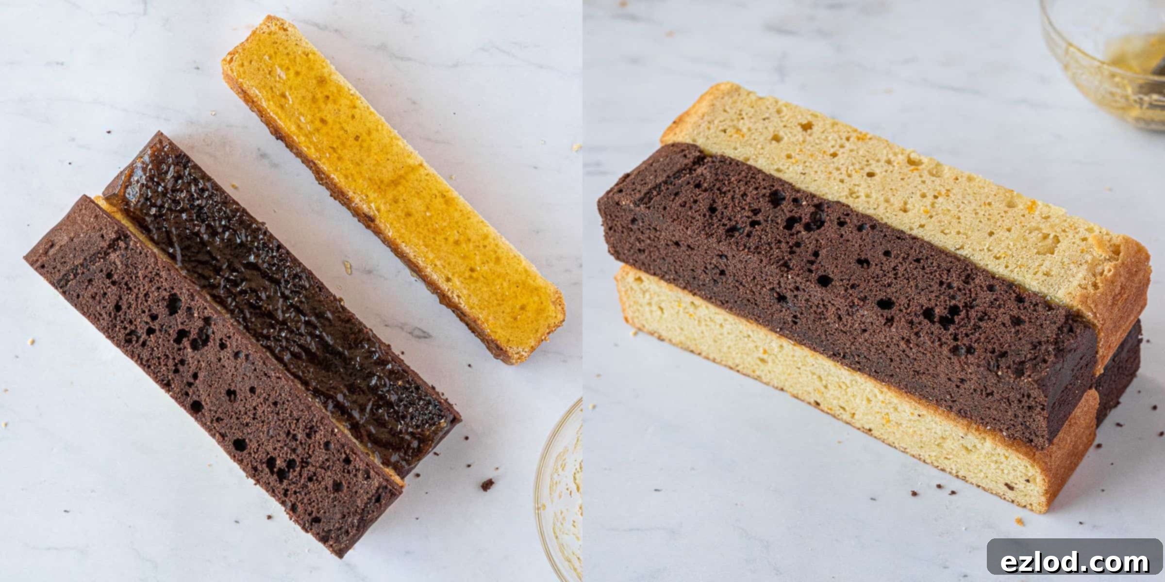 Decadent Vegan Chocolate Orange Battenberg 11 Step 7: A two-image collage demonstrating the assembly of cake strips, applying marmalade to join contrasting chocolate and orange layers into a checkerboard.