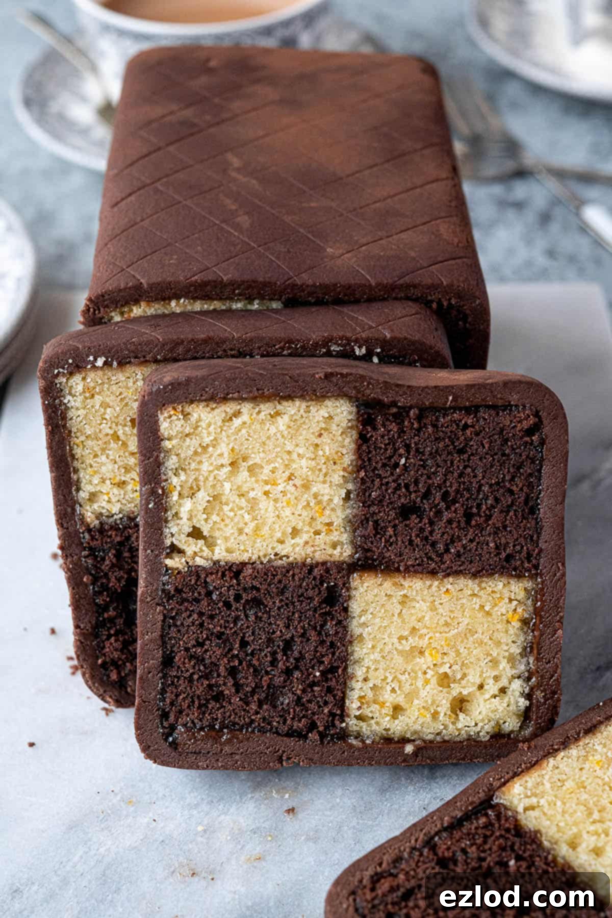 Decadent Vegan Chocolate Orange Battenberg 17 Close up of a beautifully decorated vegan chocolate orange Battenberg cake, showing the scored marzipan and vibrant colors.