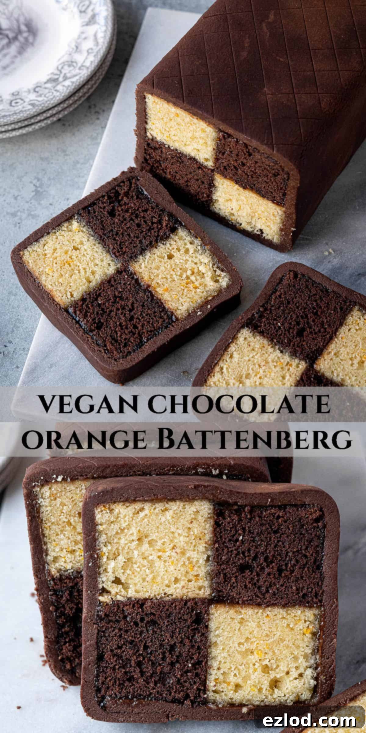 Decadent Vegan Chocolate Orange Battenberg 19 Pinterest collage image for Vegan Chocolate Orange Battenberg Cake recipe.