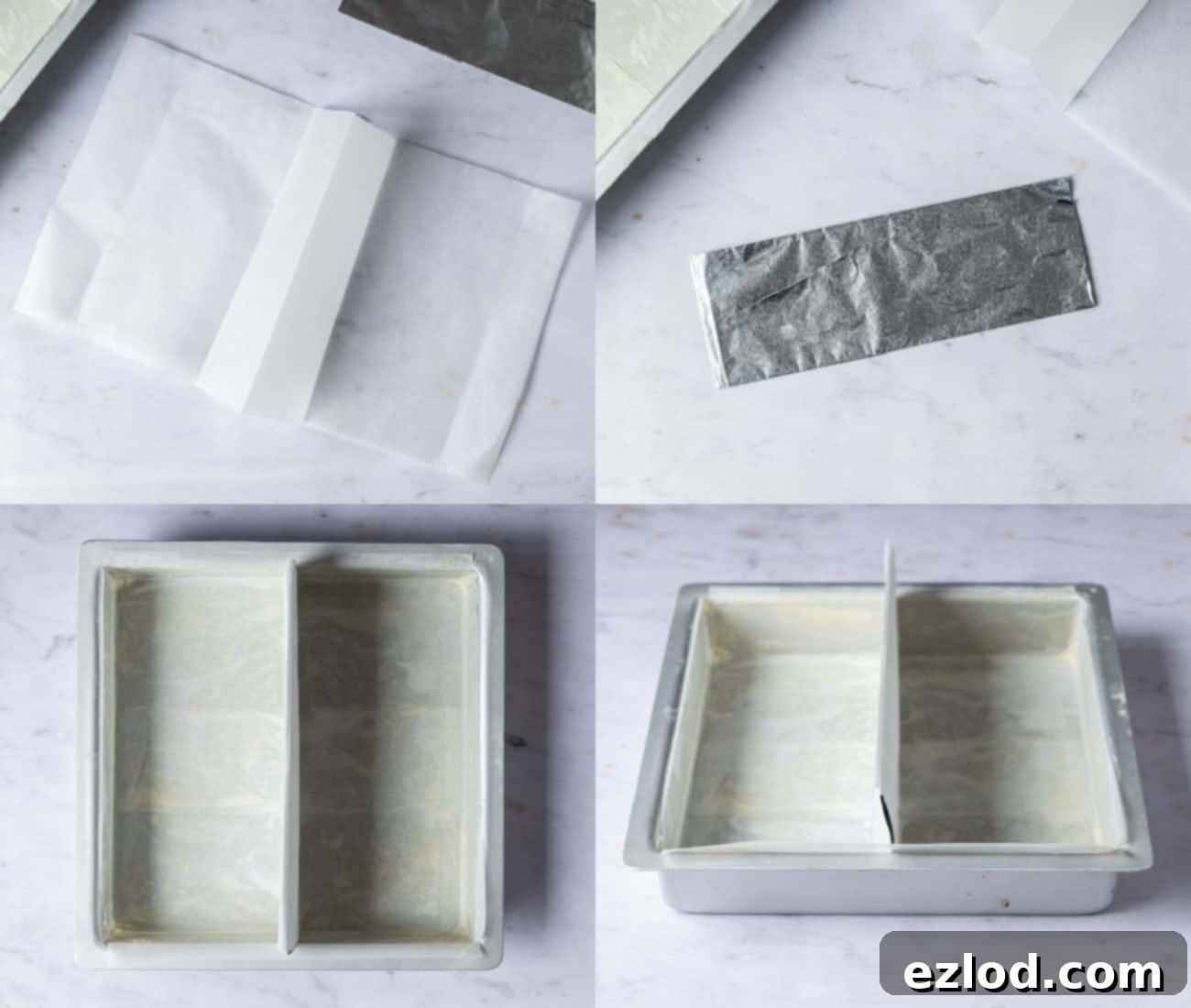Decadent Vegan Chocolate Orange Battenberg 5 Step 1: Lining a square cake tin with a parchment and foil divider to create two separate baking compartments.