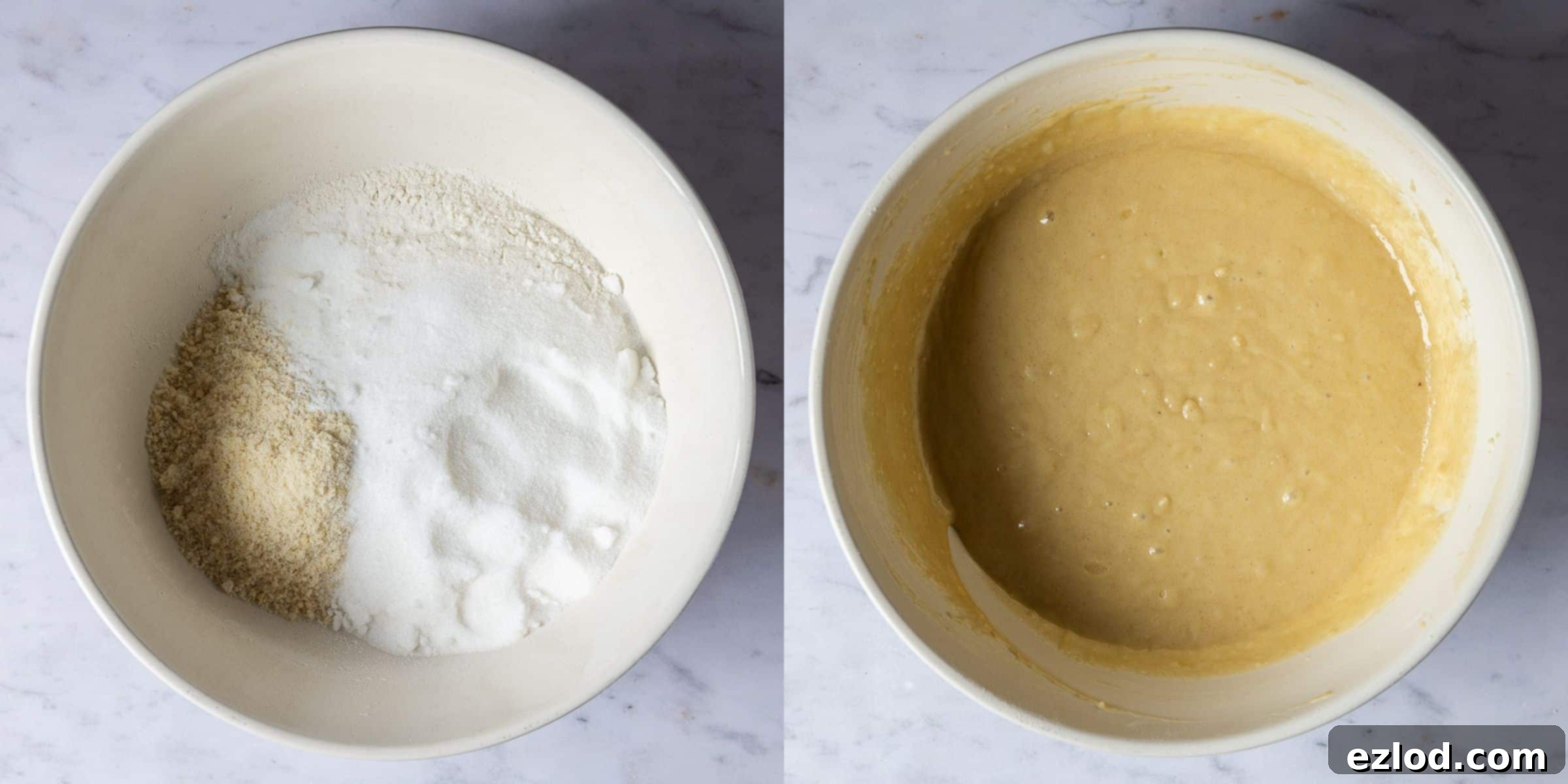 Decadent Vegan Chocolate Orange Battenberg 6 Step 2: A two-image collage showing the process of mixing the dry ingredients and then combining them with wet ingredients to form a smooth cake batter.