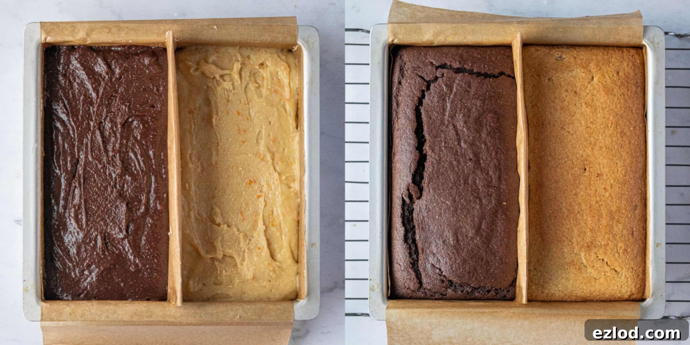 Decadent Vegan Chocolate Orange Battenberg 9 Step 5: A two-image collage showing the divided cake batter (chocolate and orange) in the tin before baking, and then the perfectly baked cakes after being removed from the oven.