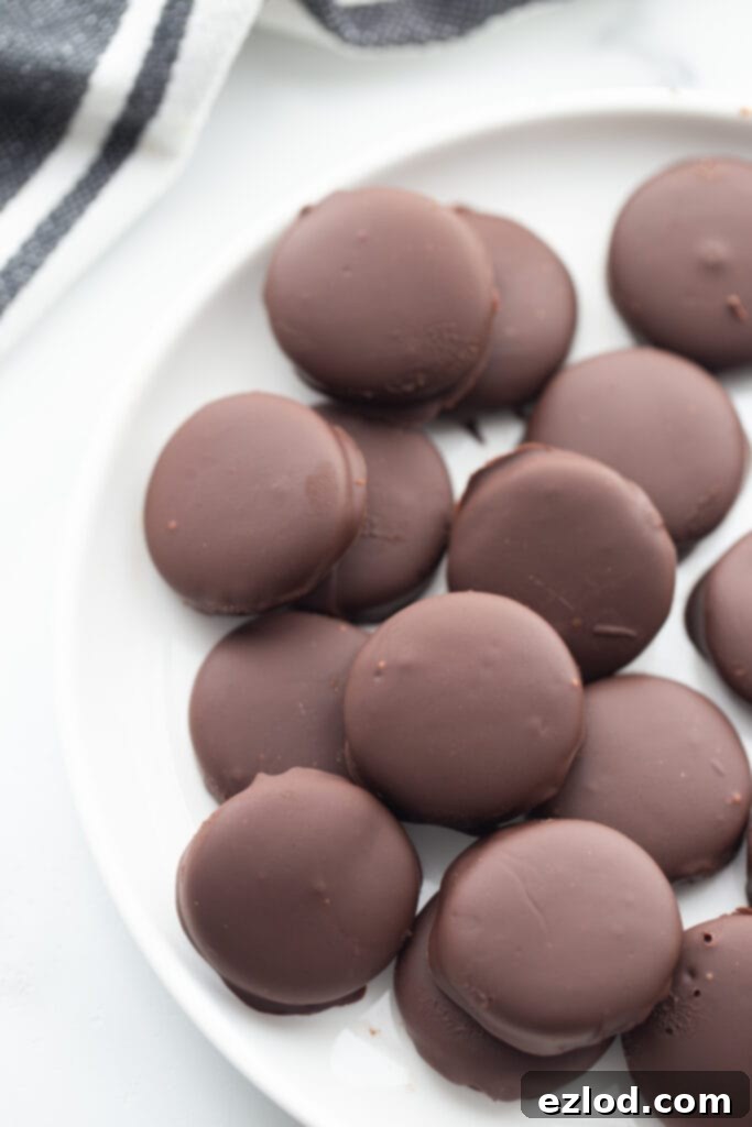 An overhead shot of a white plate of homemade thin mint cookies