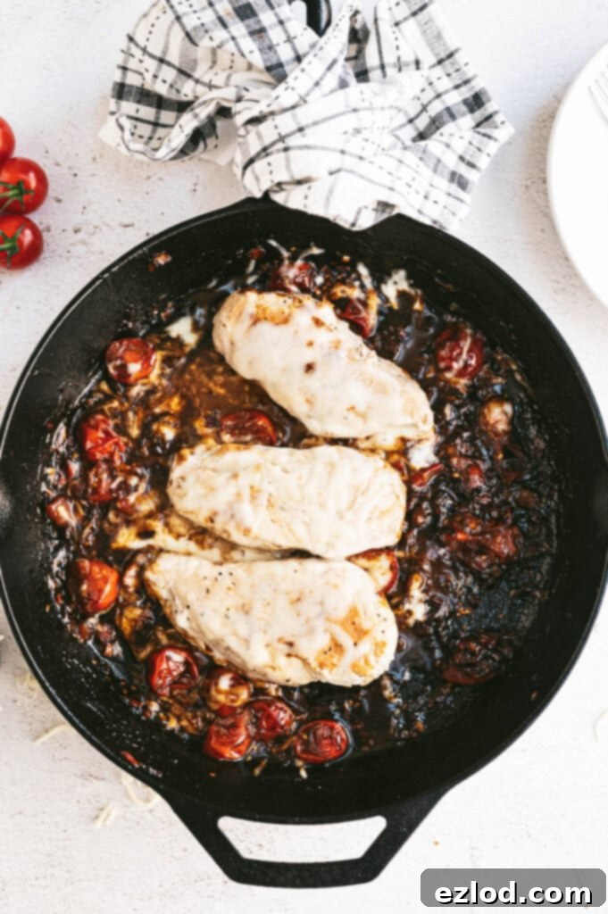 Overhead photo of caprese chicken in a cast iron skillet, ready to be served. The three chicken breasts are beautifully cooked and topped with melted cheese. The tomato and balsamic has reduced to a nice texture.