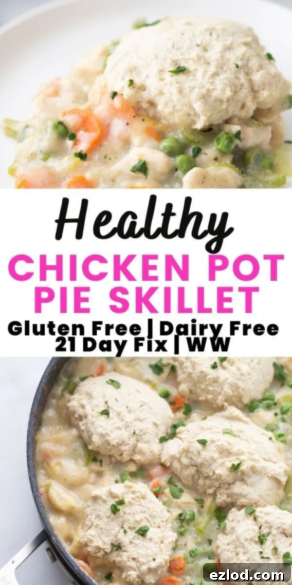 A Pinterest image for Healthy Chicken Pot Pie Skillet with text overlay - Healthy Chicken Pot Pie Skillet. Gluten and dairy free. 21 Day Fix. WW.