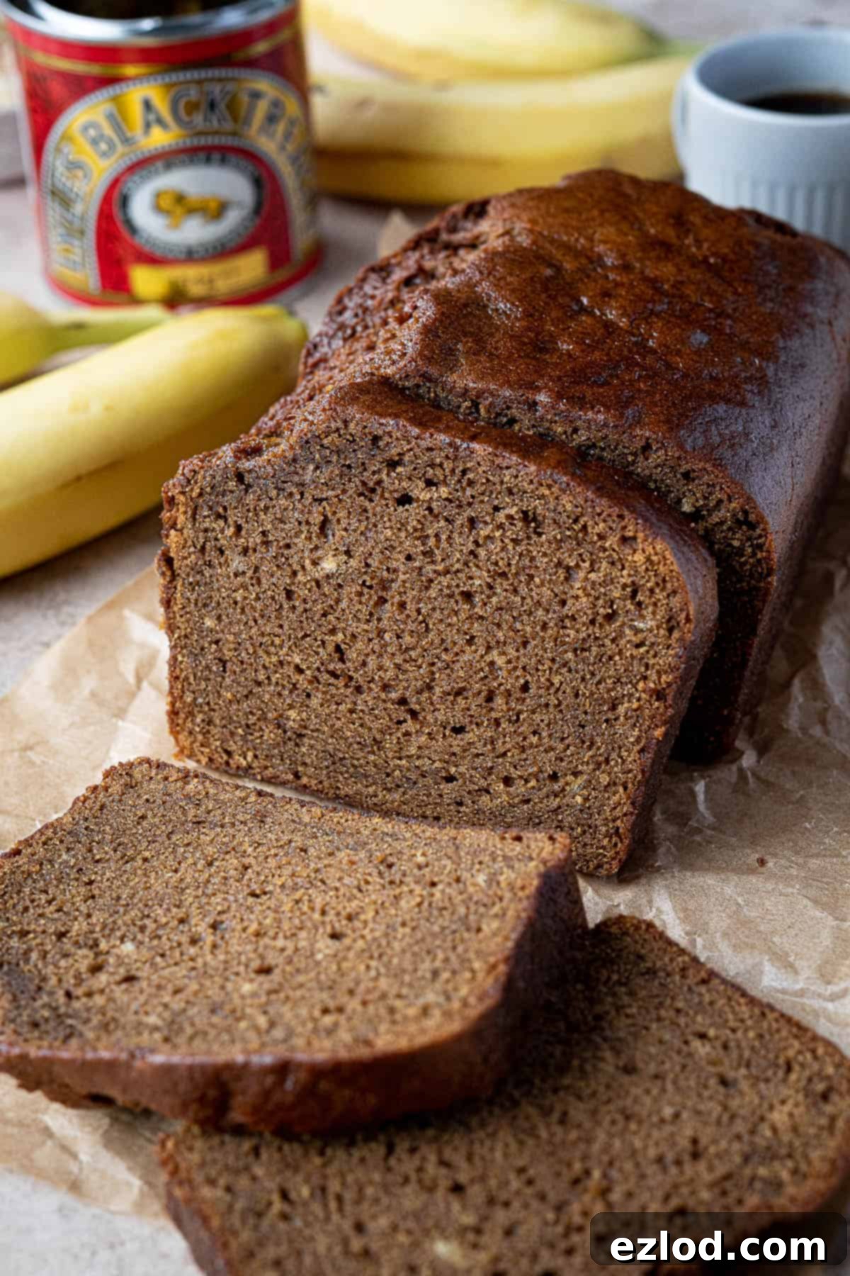 Close up of the sliced banana gingerbread.