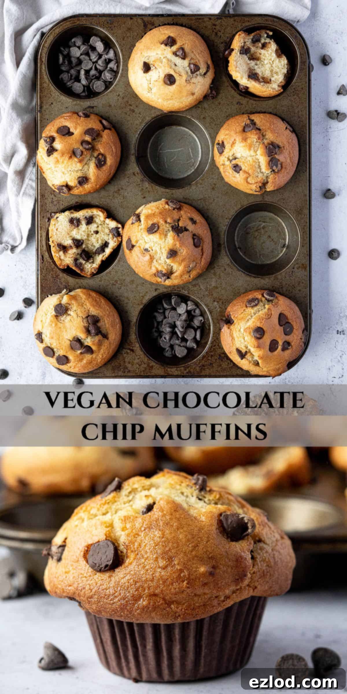Pinterest collage featuring multiple images of soft and fluffy vegan chocolate chip muffins.