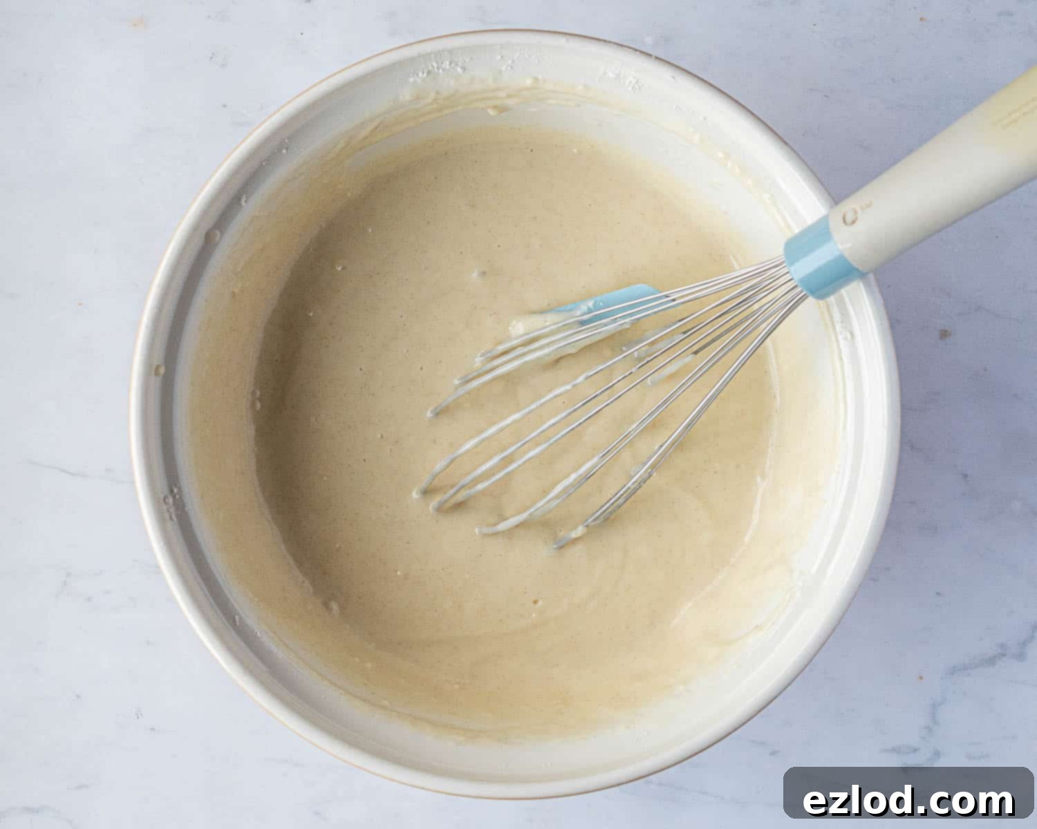 Step 3: The mixed muffin batter, with a few small lumps, ready for chocolate chips.
