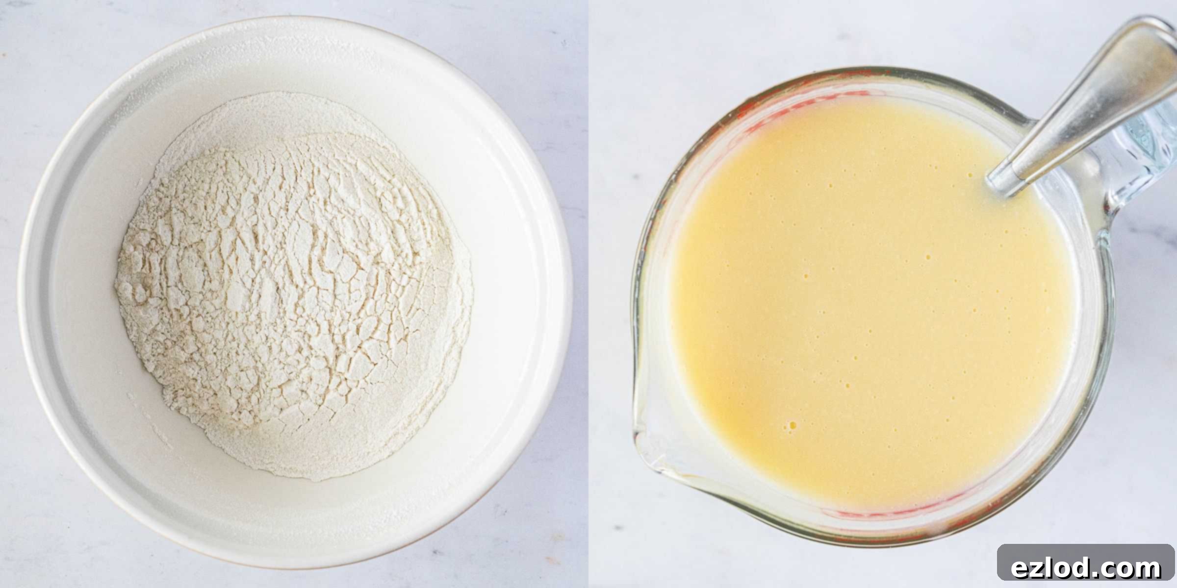 Step 1, a two image collage of the wet and dry ingredients.