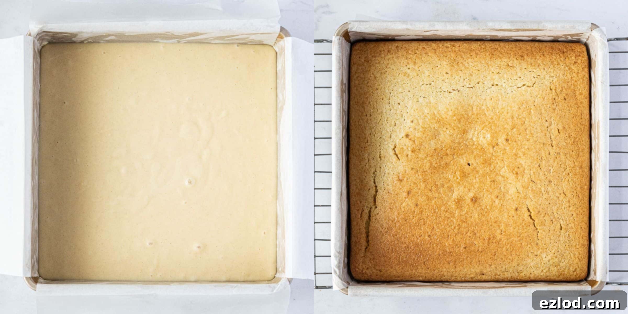 Step 3, a two image collage of the cake before and after baking.