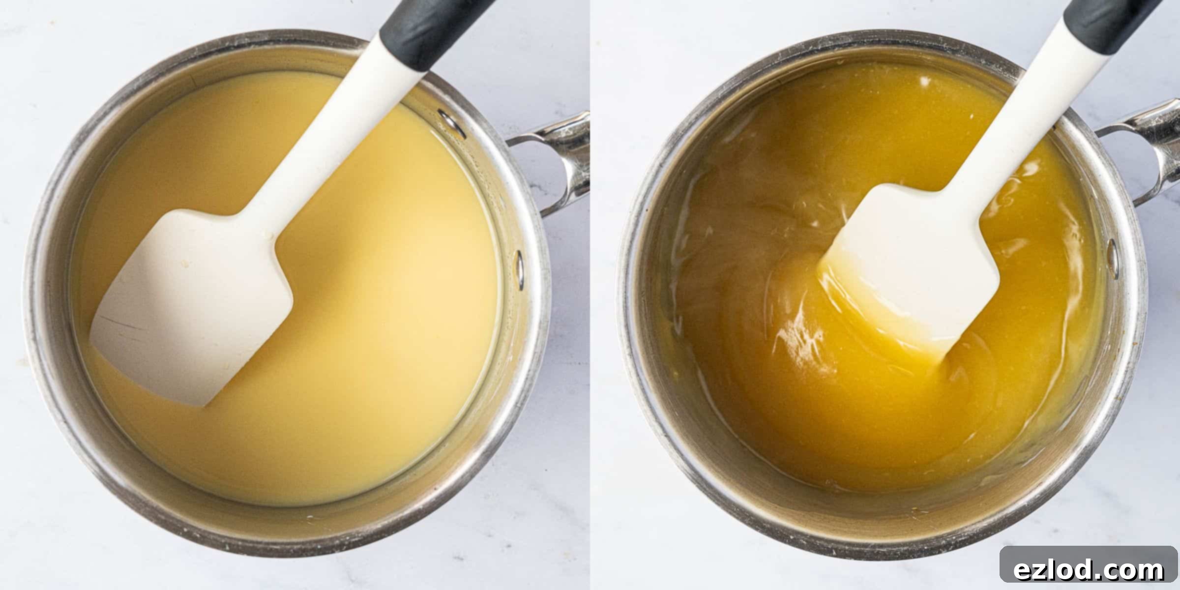 Step 4, a two image collage of the orange curd before and after cooking.