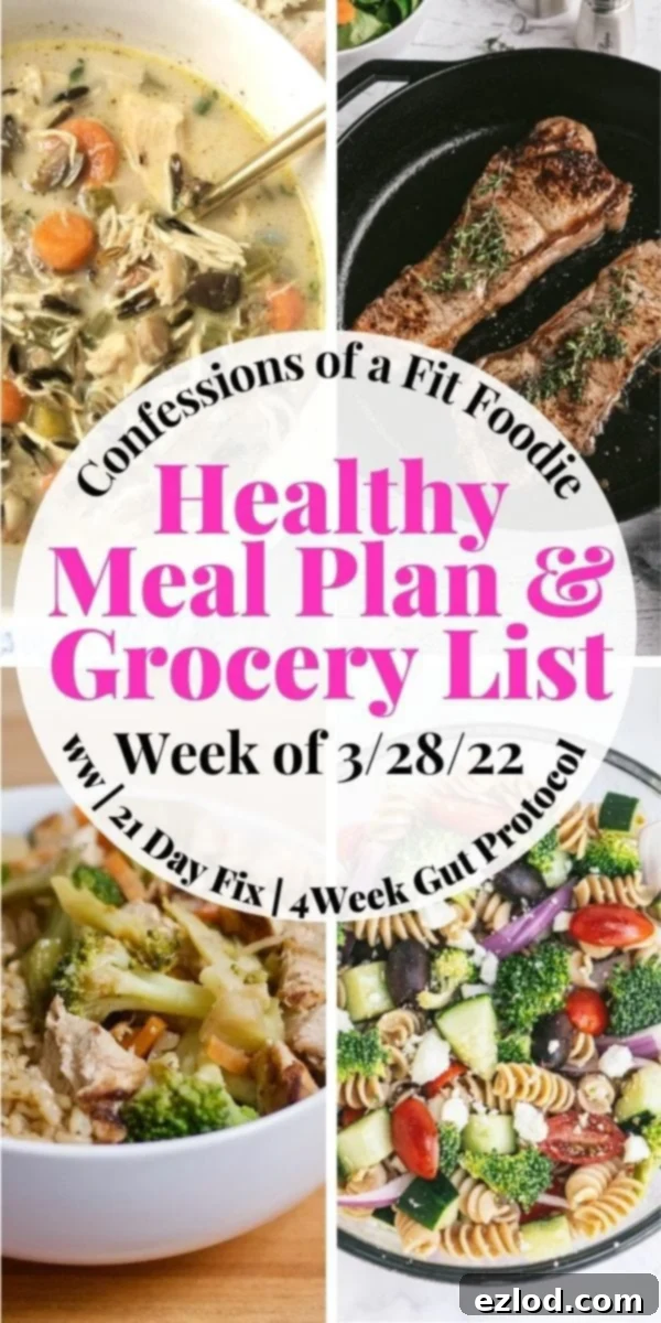 Food photo collage with pink and black text on a white circle. Text says, "Healthy Meal Plan & Grocery List | Week of 3/28/22 | Confessions of a Fit Foodie"
