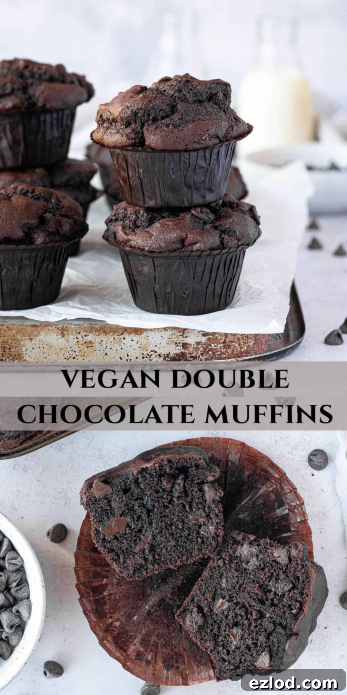 Pinterest collage image featuring multiple vegan double chocolate muffins, perfect for sharing.