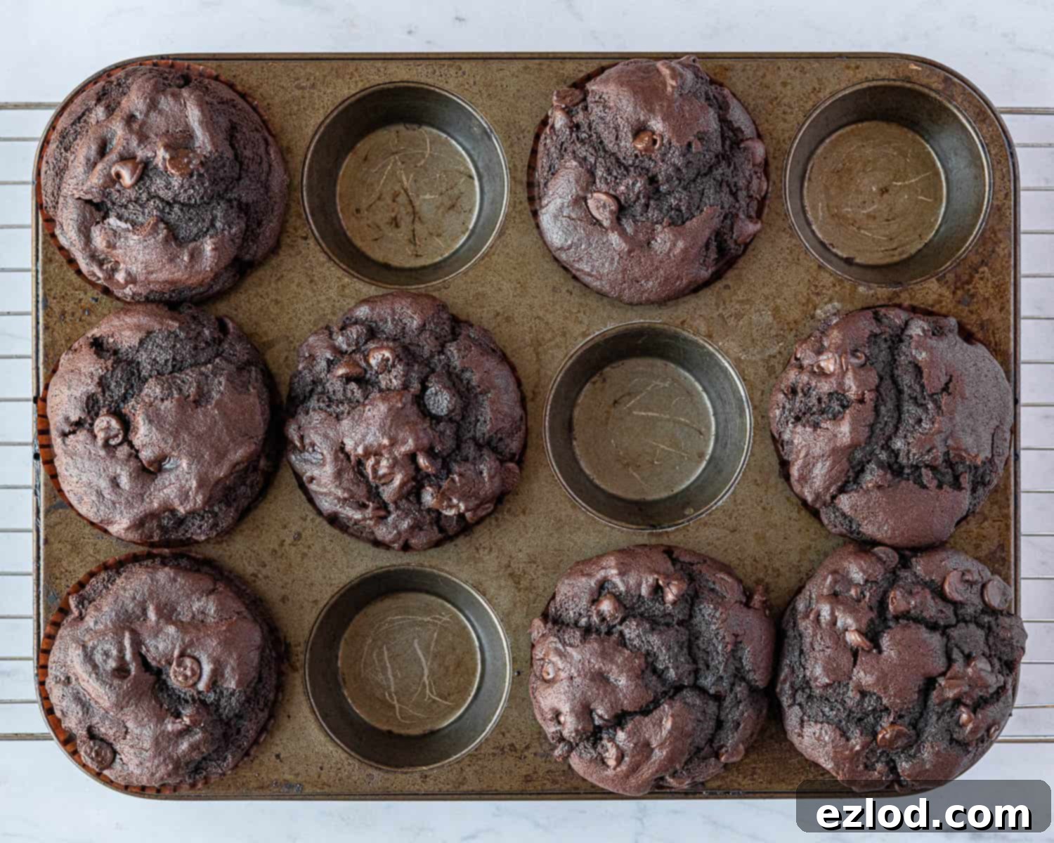 Step 6 in making vegan double chocolate muffins: the perfectly baked vegan double chocolate muffins cooling on a tray.
