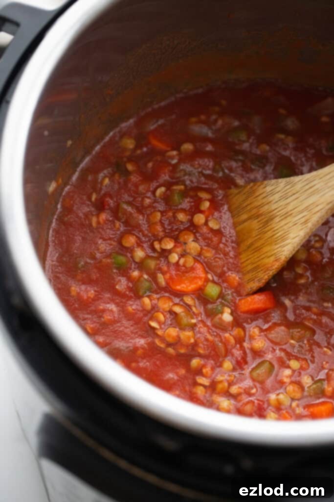 Close-up of lentils, tomato sauce, broth, and tomato paste added to the Instant Pot.