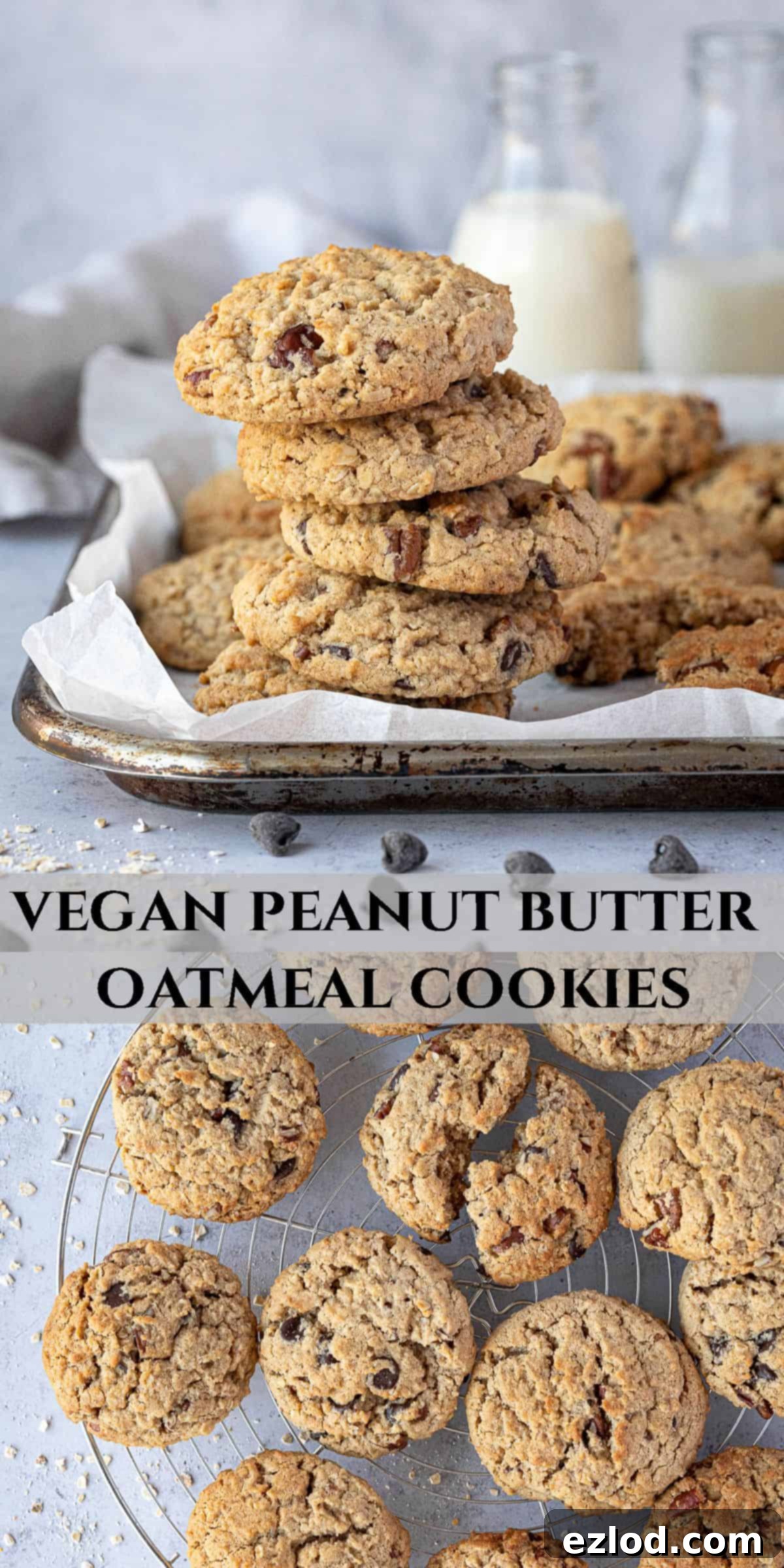 A Pinterest collage image featuring multiple photos of vegan peanut butter oatmeal cookies, highlighting their soft, chunky, and delicious appeal.