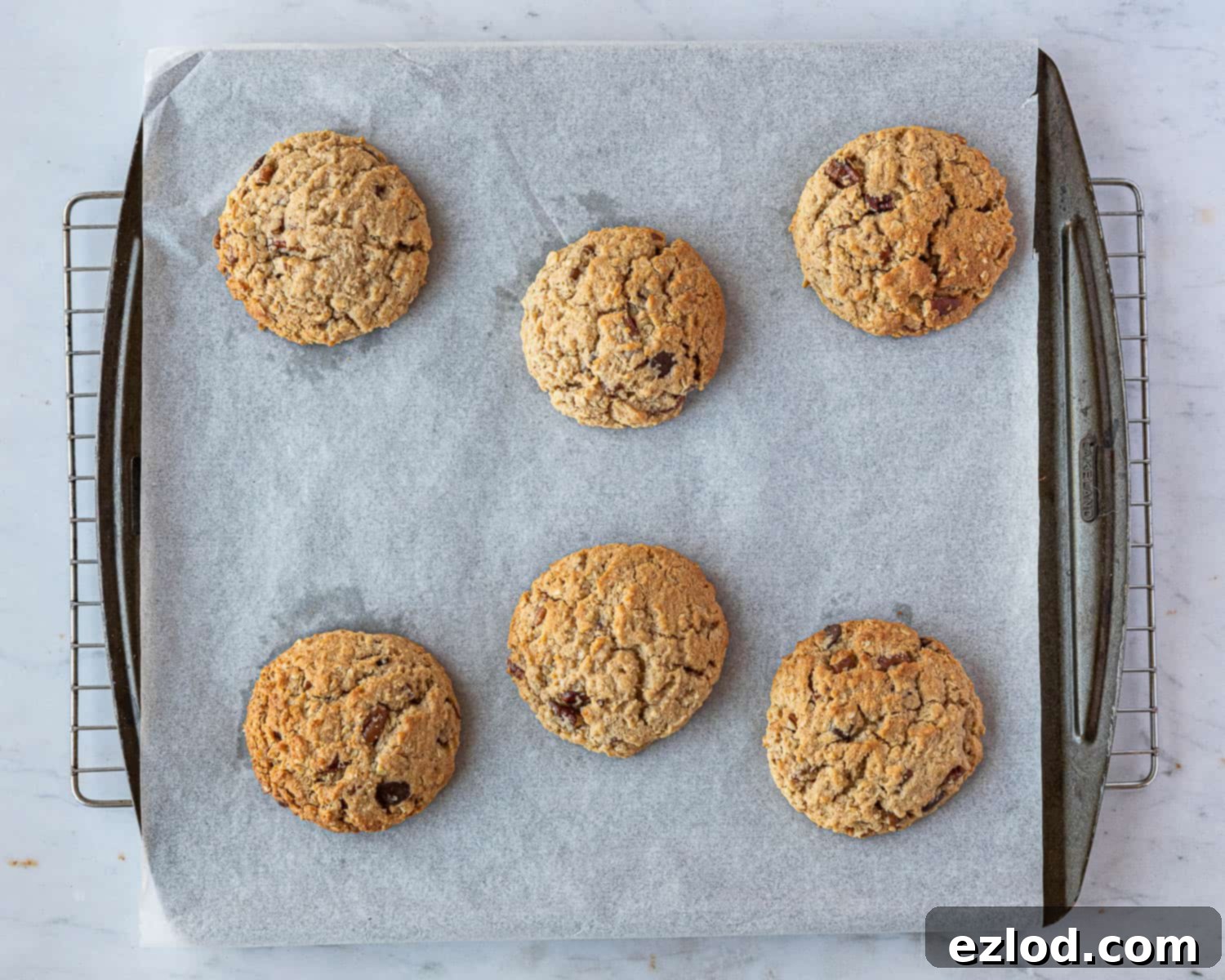 Step 6: Freshly baked vegan peanut butter oatmeal cookies, golden and slightly risen, still on the baking sheet.