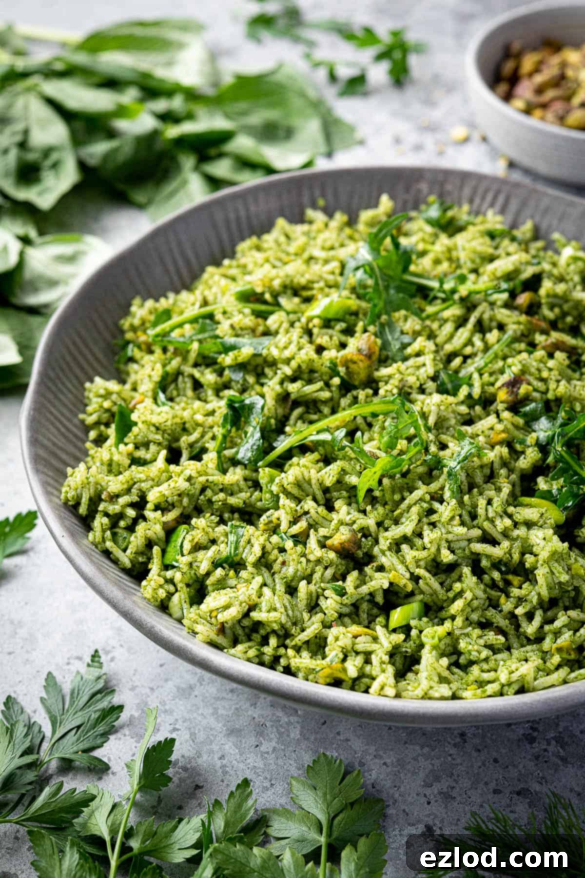 Close-up view of a bowl of vibrant herby green rice salad, beautifully garnished with fresh herbs, ready to be served.