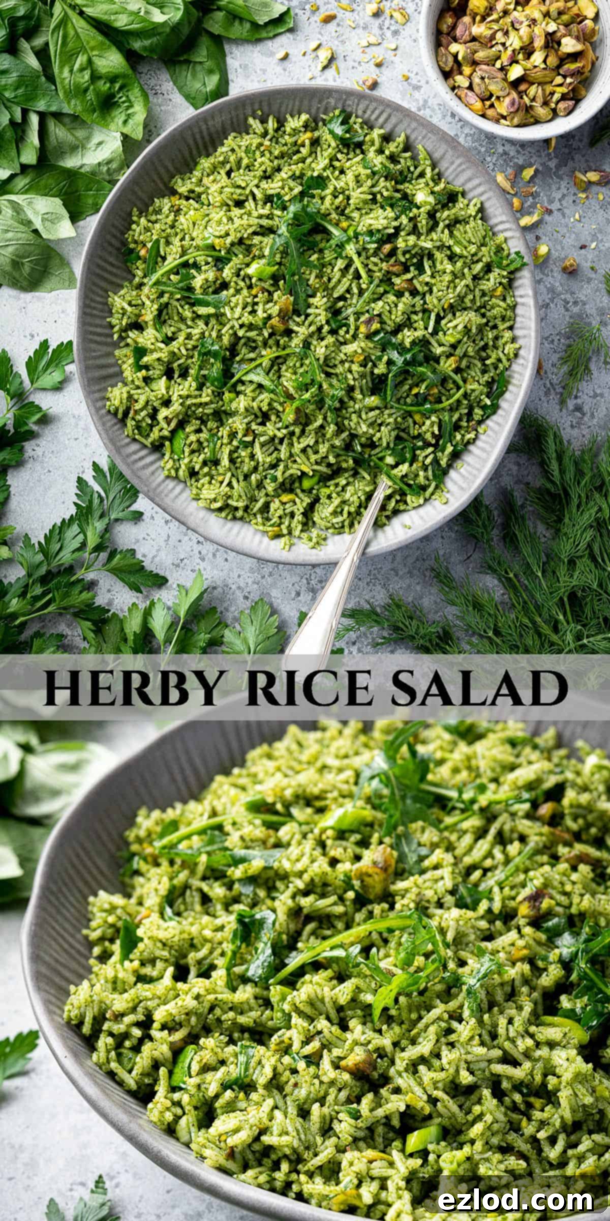 A Pinterest collage image featuring the vibrant herby rice salad in various shots, highlighting its fresh ingredients and delicious appeal.